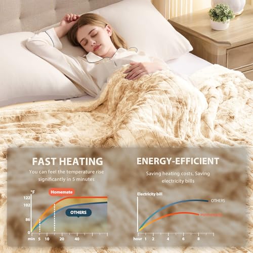 Image of Homemate Heated Blanket Electric Throw - 50 inchx60 inch Heating Blanket Throw 1 /2 /4 /6 /8 Hours Auto-Off 10 Heat Levels Over-Heat Protection Luxury Faux Fur Sherpa ETL Certification