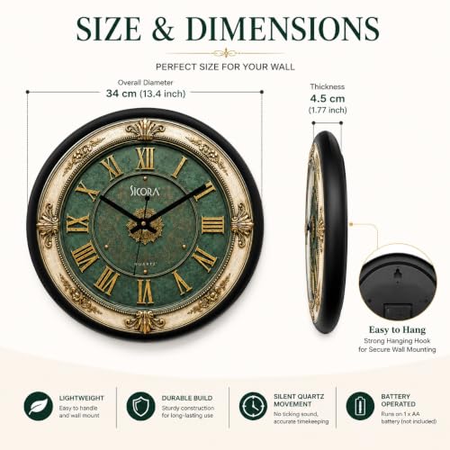 Image of Wall Clock with Silent Sweep Quartz Movement | Premium Round Analog Wall Clock | Minimalist Decorative Clock for Living Room, Bedroom, Office, Kitchen & Home Decor (Green)