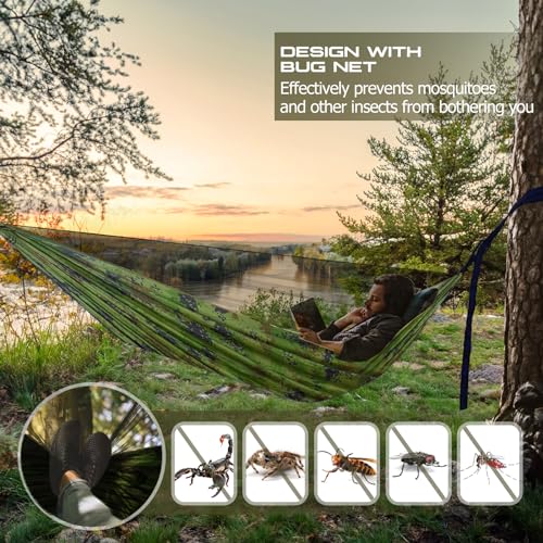Image of Camping Hammock, Portable Hammocks with Mosquito Net,Lightweight Nylon Parachute Hammock with 10ft Tree Straps,Camping Gear Must Haves for Travel,Hiking,Backpacking,Beach,Patio-Plaid Camouflage