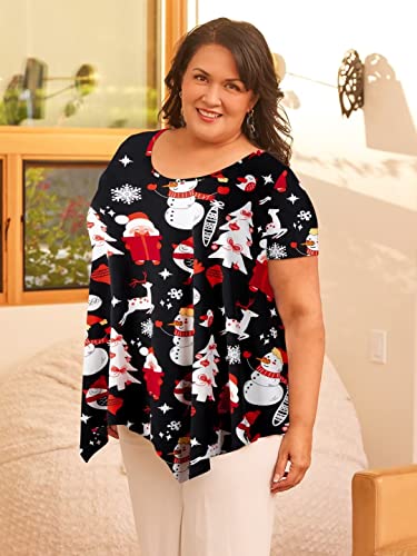 Larace Ugly Christmas Shirts For Women Short Sleeve Tops Plus Size Summer Clothes V Neck Handkerchief Tee Blouses(Flower47 3X) #TOP6