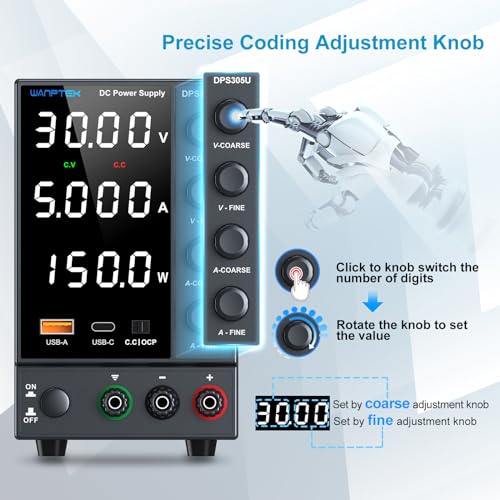 Image of DC Power Supply Variable 0-30V 0-5A, Adjustable Regulated Bench Power Supply with Encoder Knob Coarse & Fine Adjustment, OCP Protection,5V /3.6A USB & Type-C Fast Charge for Lab Testing & Repair