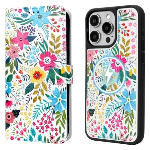BayPastel X Wallet Case for iPhone 15 Pro Max Compatible with Magsafe Card Holder Wireless Charging, Magnetic Phone Leather 2-in-1 Shockproof with Credit Kickstand Flip Cover 6.7", Flowers Cover