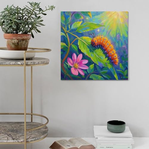 Chenille sur feuille verte tableau carré 50x50 CMHONLY - 5