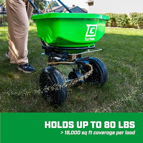 Image of Chapin 89200A Spreader, Lawn and Garden, 80Lbs, All Season, TurfPro, Broadcast, Push, Walk Behind, 12 inch Tires, Weather-Proof, Poly Hopper, Pull-Bar Lever with 30 Setting Gate, Fertilizer and Seeds