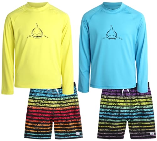 Big Chill Boys Rash Guard Set - 4 Piece UPF 50+ Quick Dry Long Sleeve Swim Shirts and Trunks Set for Boys (Sizes: 4-14)
