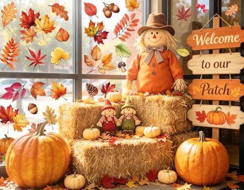 Image of Fall Window Clings Decor Pumpkin Maple Leaf Autumn Thanksgiving Decorations | 9 Sheets Window Stickers for Glass Windows, Fall Harvest Decals for Home Office School Classroom, Holiday Party Supplies