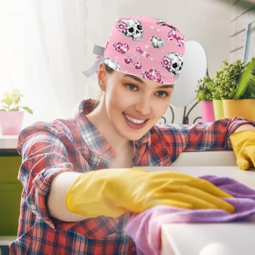 Image of 2 PCS Bouffant Cap with Button Ponytail Pouch Working Cap Sweatband Adjustable Surgical Cap Black and White Cow