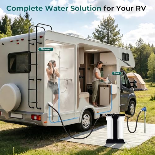 Image of iSpring 2-Stage RV Water Filter System, Removes up to 99% Contaminants, Including Chlorine, Sediment, Sand, Dirt, Odor, and Color, Leak-Free Brass Fittings, External Mounting Bracket, Model: CW21