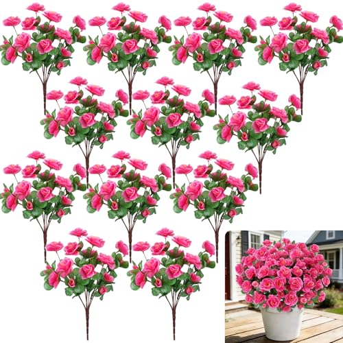 Fairblo 12 Pcs Pink Artificial Flowers Spring Silk Azalea Flowers For Outside 13.78' Uv Resistant Faux Flowers For Outdoor Planters Porch Patio Balcony Garden Vase Table Decor