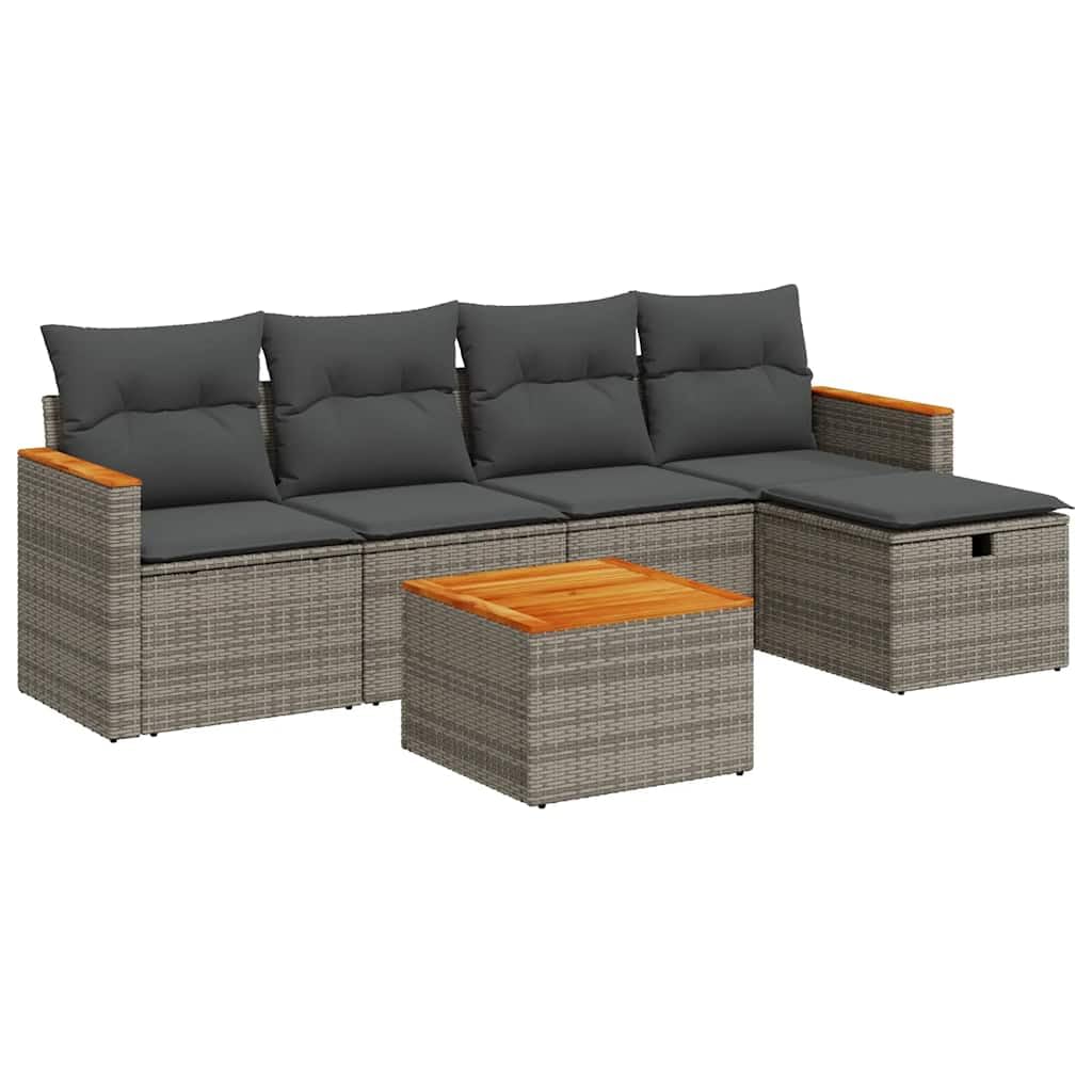 Sala da giardino in polyrattan grigio con legno di acacia, 55 x 55 cm, salvaspazio, resistente alle intemperie, modulare, per balconi o terrazze, per esterni, giardino, terrazza, cortile