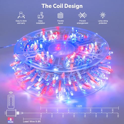 Jmexsuss EXS-S-0400-R 400 Led Red White And Blue Lights Outdoor, 132Ft 4Th Of July Lights Indoor, 8 Modes Christmas Lights For Party,X'Mas Decoration, Patriot thumb #1