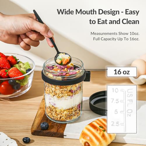 Image of 16 Oz Glass Overnight Oats Containers with Lids and Spoon Chia Pudding Jars | 4 Pack Mason Jars, Leak-proof and Portable, Wide-mouth Design for Storage & Meal Prep Yogurt, Cereals, Fruit, Snack, Sugar