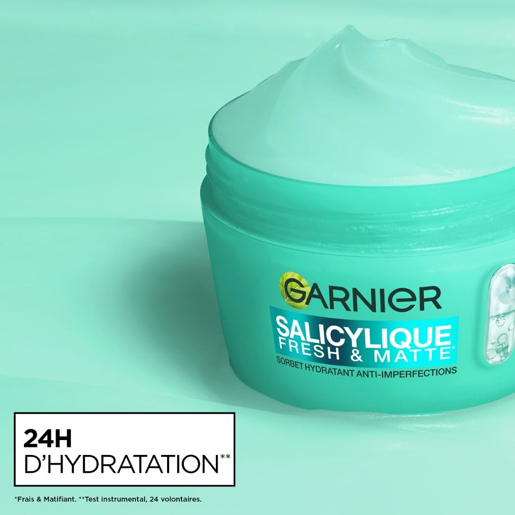 GARNIER - Salicylique - Crème Sorbet Hydratante Fresh & Matte - Crème Hydratante & Matifiante - Adoucit la Peau, Unifie le Teint, Réduit les Pores et l'Excès de Sébum - Tous Types de Peaux - 85 ml