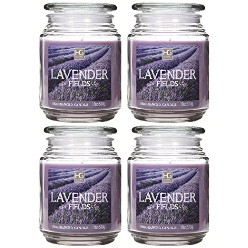 Hosley Set of 4 Lavender Fields Jar Candles 18 Ounce Each. Hand Poured with Essential Oil Infused Fragrance. Ideal Gift for Wedding Party Spa Aromatherapy O9