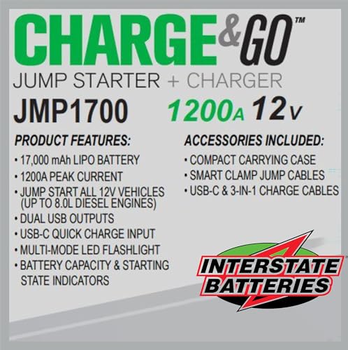 Image of Interstate Batteries 12V Jump Starter & Charger 1200A 17,000mAh, 17Ah