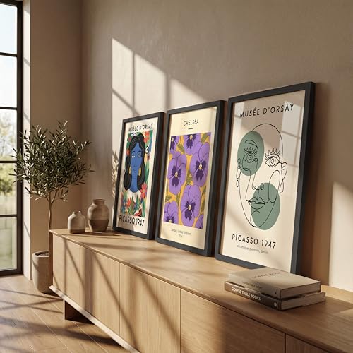 Image of NoWorries Modern Abstract Wall Art Frame | London Chelsea Floral Print & Picasso' Inspired Wall Art Paintings 300 GSM Premium Prints | Stylish Home Decor for Living Room, Office & Bedroom | Synthetic Wooden Wall Art Frames (Set of-3) (BLACK, ART-10, 13X19INCHES)
