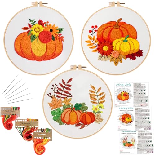 Image of Louise Maelys 3 Set Embroidery Kit for Beginners with Pumpkin Harvest | Fall Pumpkin Cross Stitch Kits For Seasonal Crafts. Needlepoint Kit Includes Fabric, Hoop, Threads, Needles and Guide