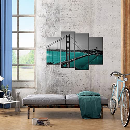 Ilooklike 4 Panels Teal Golden Gate Bridge Canvas Wall Art Black And White Cityscape Artwork Framed Turquoise San Francisco Pictures For Modern Home Office Decoration Stretched And Ready To Hang #TOP4