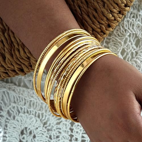 Image of IF ME Gold Bangle Bracelets for Women, Indian Bangles Stackable Set, Multi Layer Textured 18K Gold Plated Chunky Bracelets Boho Jewelrys Set