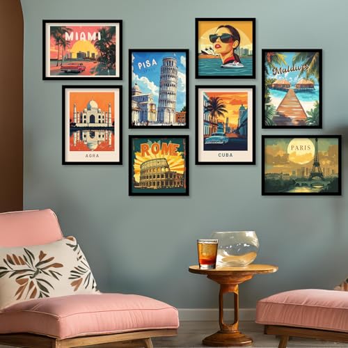 Image of kotart Retro Travel Theme Wall Poster with Frame for Room Office Living Room Hotel Home Decor - Modern Art City Vibes Wall Decor Photo Frames - Framed Posters / Paintings Set of 8 (Art 5, Small(10x13 or 10x10 inch), Framed)