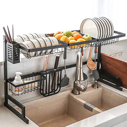 Over Sink Geschirrtrockner Küche, Edelstahl Geschirrkorb Aufbewahrungsschalter Organizer Utensilien Halter Abtropffläche Schwarz 79cm (31inch)
