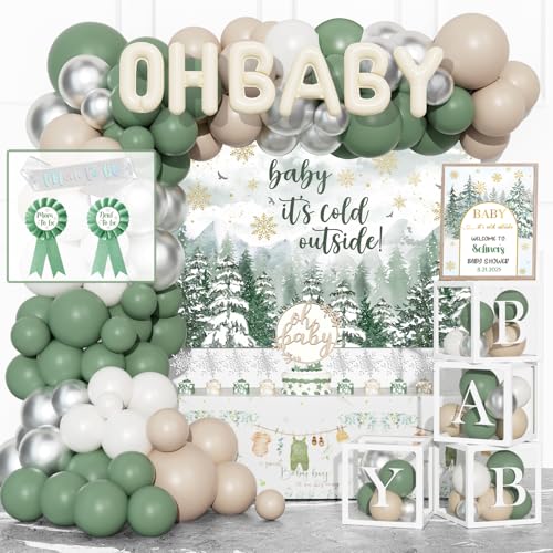 Fiesec Winter Baby Shower Decorations 140 PCs Its Cold Outside Baby Shower Party Supplies with Forest Backdrop Tablecloth Cake Topper Poster Sash Badge Pins for Winter Woodland Party