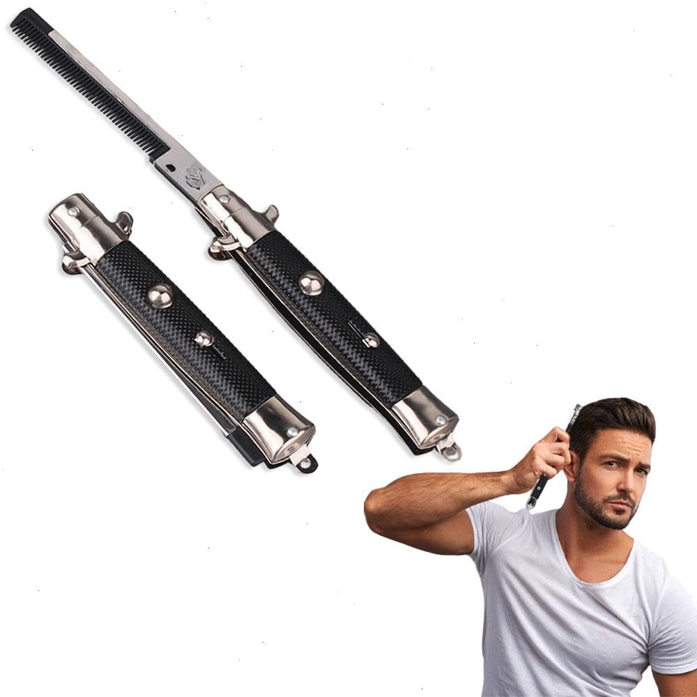 Peine de navaja plegable, cuchillas de interruptor, peine con tolva de resorte, cepillo, peine, cuchillo, peine para el cabello portátil, navaja para hombre, accesorios para peinar barba, cuero