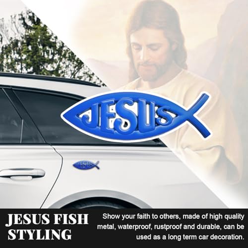 Image of DXNQ 2PCS Jesus Fish Decal Sticker, 3D Car Decal Jesus Christian Fish Symbol Chrome Emblem, Faith Fish Stickers Religious Metal Badge Auto Decor for Truck Motorcycle Fridge (Blue)