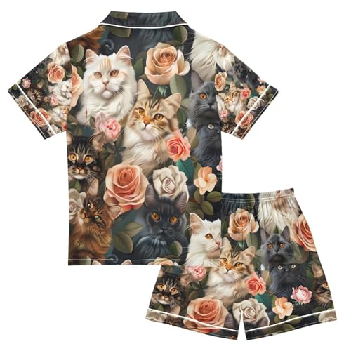 senya Cats Beautiful Roses Satin Summer Pajama Sets Silk Short Sleeve Button Down Sleepwear2