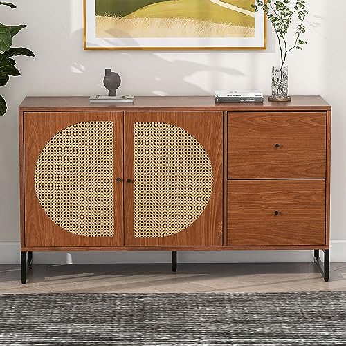 Merax Sideboard mit 2 Türen und 2 Schubladen, Rattan Kommode Mehrzweckschrank aus Holz, Highboard TV-Tisch mit viel Stauraum, Metallbeine, für Schlafzimmer & Wohnräume & Büro, 130x40x75 cm, Nussbaum