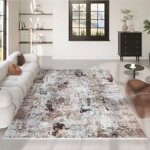 Modern Abstract 5'x7' Area Rugs - Machine Washable, Non-Slip Low Pile Boho Carpet for Living Room, Bedroom, Dining Room, Farmhouse, Kids Playroom, Office - Brown