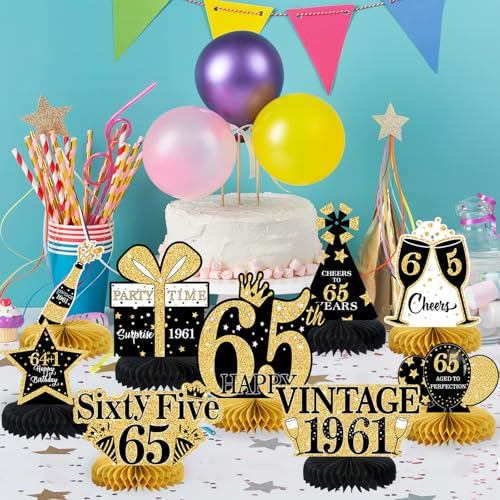 Image of 9Pcs 65th Birthday Decorations Honeycomb Centerpieces for Men Women, Black Gold Happy 65th Birthday Centerpieces Tables Toppers Party Decorations Supplies, Vintage 1961 Aged Table Sign Decor