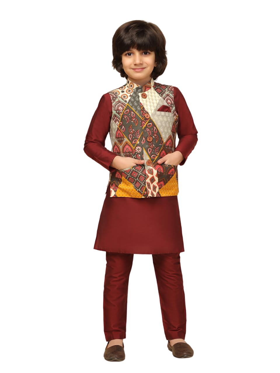 Kisah Boy's Cotton Blend Regular Fit Printed Multi Maroon Kurta Jacket Pyjama Set (7-8Y)