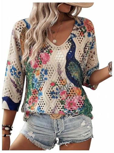 Image of Verdusa Women's Crochet Beach Summer Sweater 3 /4 Length Sleeve Boho Off The Shoulder Tops