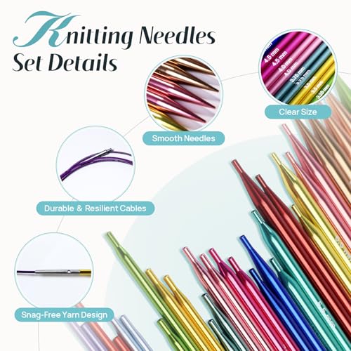 Image of Lewhoo Circular Knitting Needles Set, 17 Size Interchangeable Aluminum Knitting Needle with 4 Cables ＆ Bag Multicolored-1 2.2~10.0mm