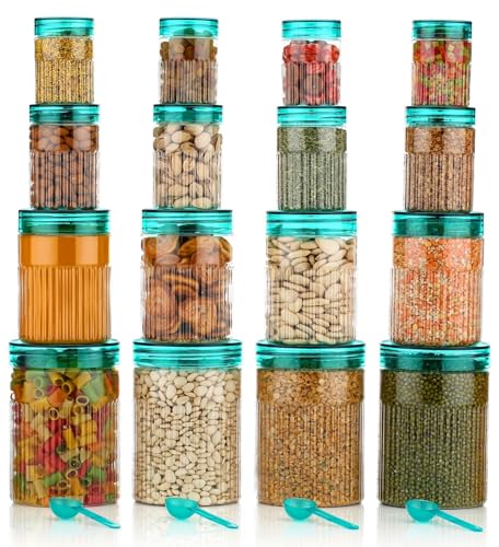 Image of pet Food Storage Containers Set with Airtight Lids, Kitchen Organisation Jars for Pasta, Spices, Dry Goods, Stackable (16 Pcs SKY)