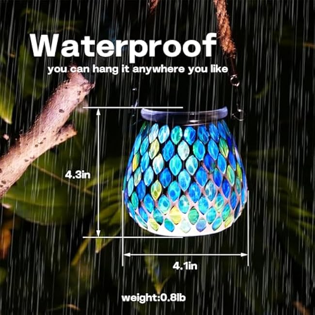 Mosaic Blue Solar Lanterns, Outdoor Glass Hanging Lights, Waterproof, Solar Table Lamps, Christmas Gifts for Women Mom Grandma, Night Lights, Decoration for Garden, Patio, Yard, Party, Outdoor Decor