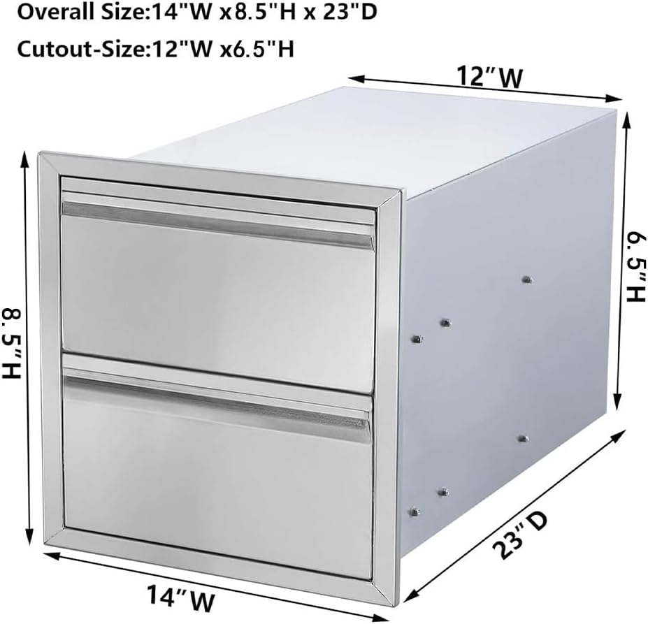 Outdoor Kitchen Drawers Stainless Steel, Flush Mount BBQ Island Built-in Drawer Weatherproof for Outdoor Kitchen Island and Grill Station (14"Wx8.5"Hx23"D)
