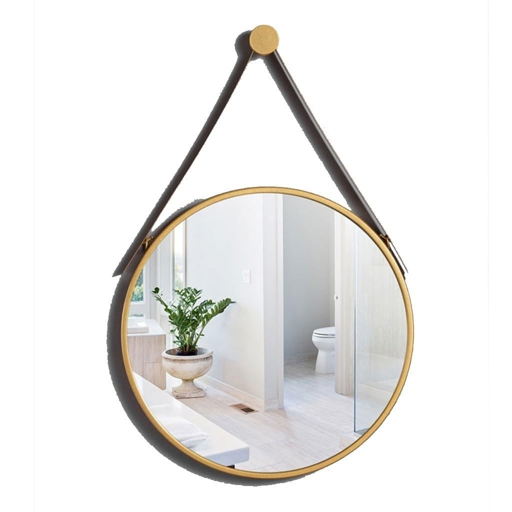SXFSDOU Gold Round Wall Mirror with Shoulder Strap - Decorative Bathroom, Bedroom, Living Room, Entrance Mirror, 40cm Modern Home Décor Accent