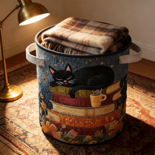Image of Cat Quilted Laundry Basket - 18 inch /22 inch /28 inch, 2026 Large Quilted Cat Laundry Basket with Handles, Cozy Cat Fabric Storage Hamper for Nursery, Bedroom, Laundry Room, Clothes & Toys (2, S 14 inchX18 inch)