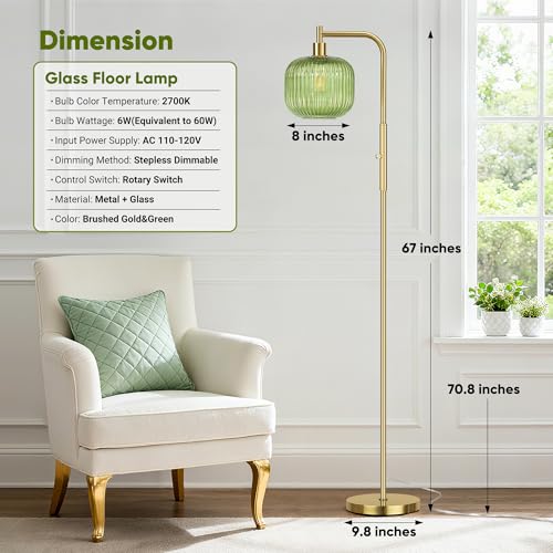 QiMH Glass Floor Lamp for Living Room, Modern Standing Lamp with Green Ribbed Glass Lampshade, Stepless Dimmable Rotary Switch, 67” Tall Lamp for Bedroom Home Decor, Brushed Gold — view 4