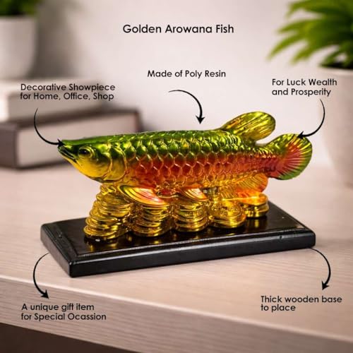 Image of Feng Shui Golden Arowana Fish Showpiece with Chinese Coins on Black Wooden Base | Green & Red Gradient Finish | Wealth & Prosperity Decor for Home, Office & Shop