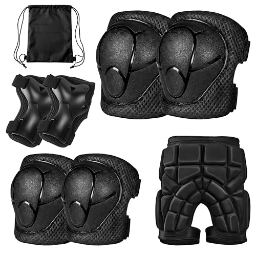 YINGENIVA Juego de protectores de rodilla para niños, con coderas, muñequeras, protección de cadera y mochila para monopatín, scooter, bicicleta y patines en línea, color negro