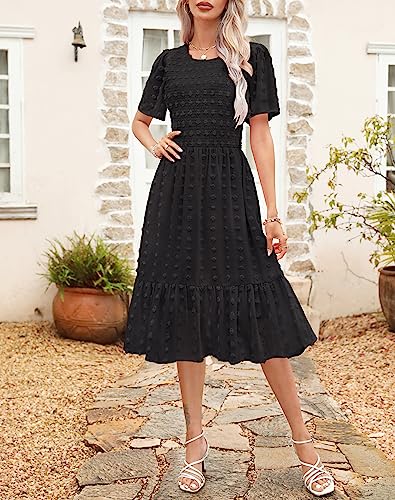 Image of Kranda Women 2025 Summer Spring Round Neck Flutter Short Sleeve Casual Swing Flowy Ruffle Smocked Swiss Dot Midi Dress