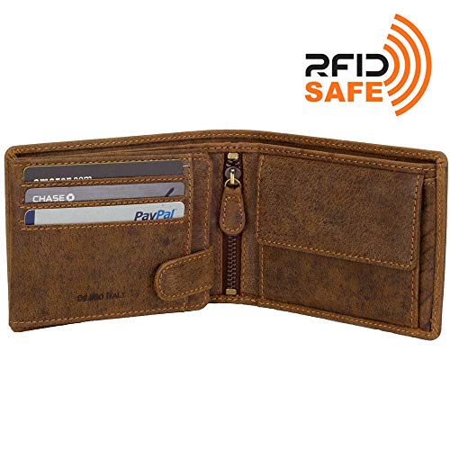 Image of DiLoro Mens Large Leather Bifold Wallet Flip ID Zipper Coin Compartment | Large capacity mens bifold wallet featuring dual flip ID windows, a coin pocket, and a YKK zippered compartment