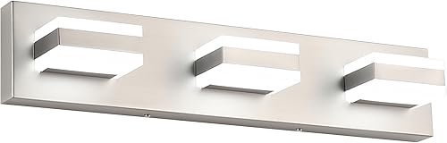 SOLFART Luces de tocador de baño sobre espejo de níquel cepillado, 3 luces LED para baño, luces de tocador para baño, níquel