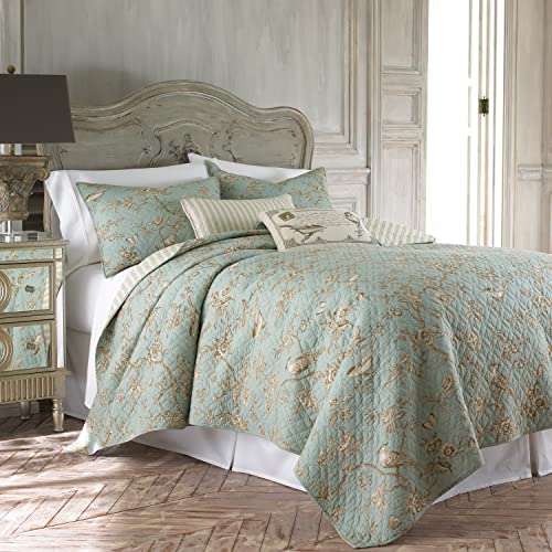 Levtex Home - Lyon Teal Quilt Set - Full/Queen Quilt + Two Standard Pillow Shams - Bird Toile - Teal, Brown, Cream - Quilt Size (88X92In.), Sham Size (26X20In.) - Reversible - Cotton Fabric #TOP1
