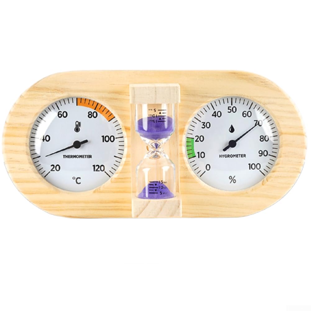 Termohigrómetro de sauna con temporizador de reloj de arena, medidor de temperatura y humedad montado en la pared de madera de pino para sala de sauna, 20-120 °C 0-100% HR (A)