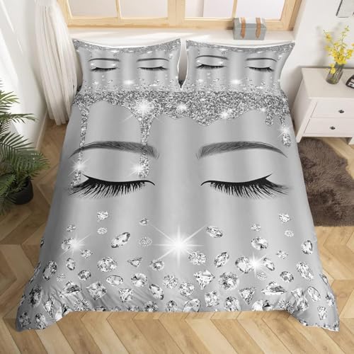 Eyelash King Size Duvet Cover Sets Grey Ombre Bedding Set for Kids Teens Adults,Giltter Diamond Art Duvet Cover for Girls Women Bedroom Decor,Aesthetic Silver Grey Comforter Cover 3 Pieces