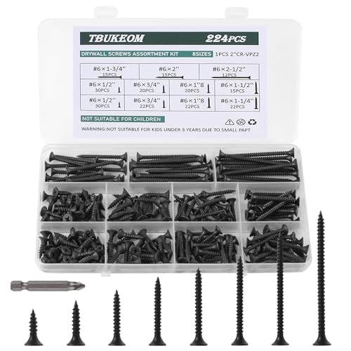 TBUKEOM Screws Assortment Kit, 224 PCS, High Hardness Phillips Drive Screws Set, Coarse Thread, Black Flat Head Wood Screws, Carbon Steel, Self-Tapping Screws for Wood, 8 Sizes